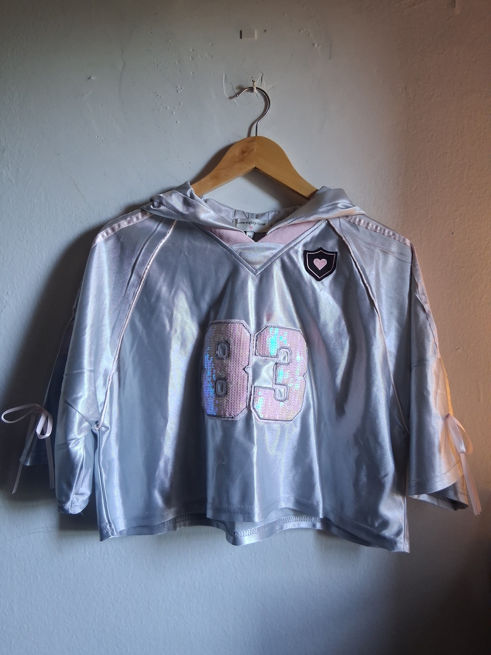 Womans Iridescent Football Jersey Silver Hooded Sequin Crop Top - Heart Patch